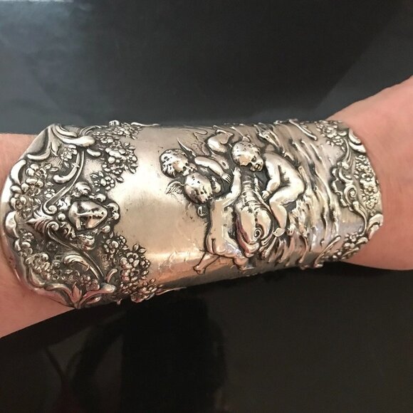 Cherub Gorham Sterling Silver 925 Bracer Wide Cuff Bracelet Gladiator Victorian - Picture 2 of 11